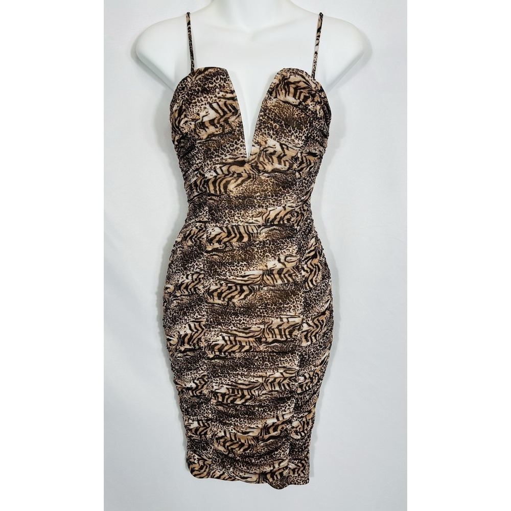 Privy‎ Y2K Animal Print Ruched Midi Dress Size S Deep V Indie Sleaze Baddie Mob